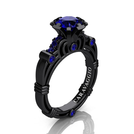 Anillo de compromiso de diamante negro con zafiro azul natural de 1,0  quilates de oro negro de 14 quilates de Caravaggio R623-14KBGBDNBS