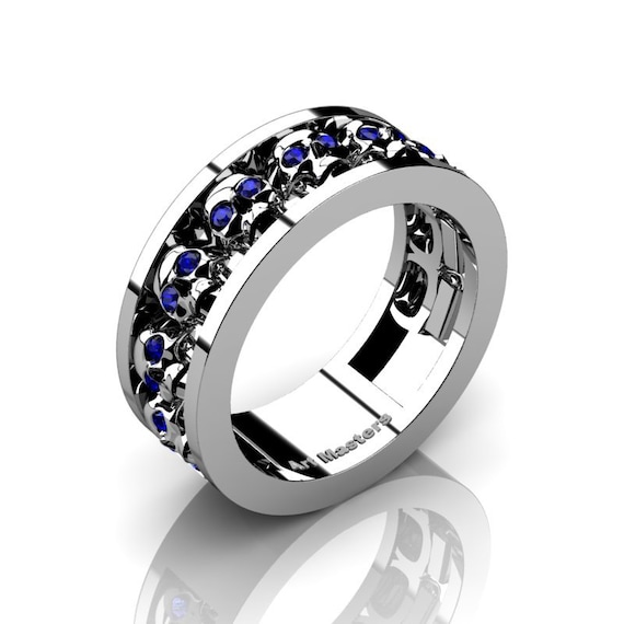 Mens Modern 14K White Gold Blue Sapphire Skull Channel Cluster
