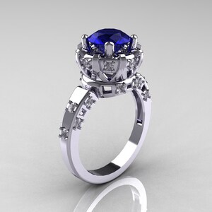 Modern Antique 14K White Gold 1.5 Carat Blue Sapphire Diamond Classic Armenian Solitaire Wedding Ring AR107-14KWGDBS