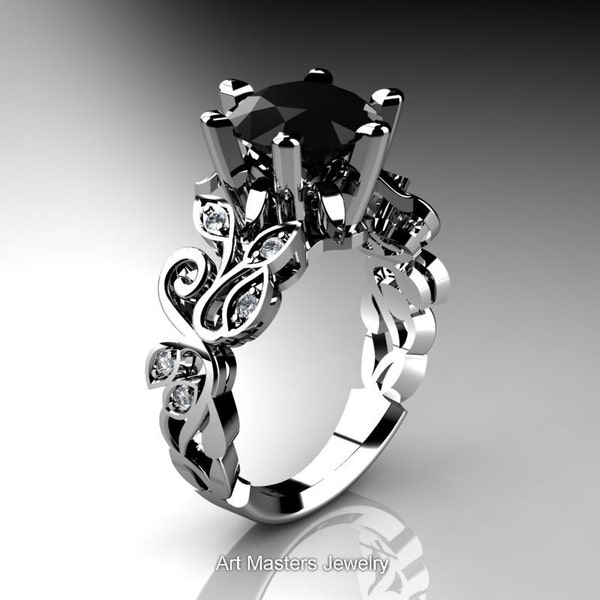 Nature Inspired 14K White Gold 3.0 Ct Black and White Diamond Leaf and Vine Crown Solitaire Ring RD101-14KWGDBD