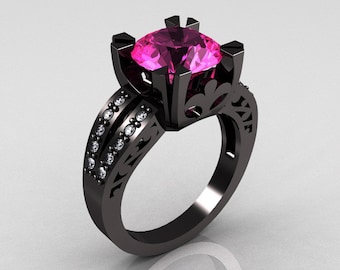 Modern Vintage 14K Black Gold 3.0 Carat Pink Sapphire Diamond Solitaire Ring R102-14KBGDPS