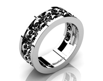 Mens Modern 14K White Gold Black Sapphire Skull Channel Cluster Wedding Ring R913-14KWGBLS