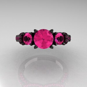French 14K Black Gold Three Stone Pink Sapphire Wedding Ring, Engagement Ring R182-14KBGPSS image 4