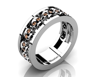 Mens Modern 14K White Gold Champagne Diamond Skull Channel Cluster Wedding Ring R913-14KWGCHD