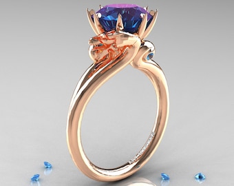 Art Masters Scandinavian 14K Rose Gold 3.0 Ct Alexandrite Blue Topaz Dragon Engagement Ring R601-14KRGBTAL