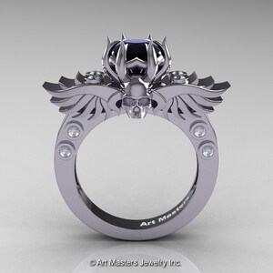 Art Masters Classic Winged Skull 14K White Gold 1.0 Ct Black White Diamond Solitaire Engagement Ring R613-14KWGDBD image 2