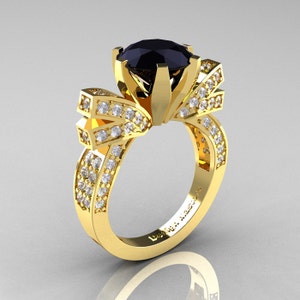 French 14K Yellow Gold 3.0 CT Black Diamond Engagement Ring, Wedding Ring R382-14KYGDBD