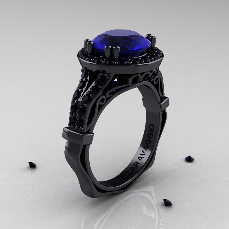 Caravaggio 14K Black Gold 3.0 Ct Blue Sapphire Black Diamond | Etsy