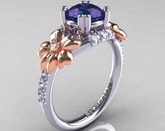 Nature Inspired 14K Two-Tone Gold 2.0 Ct Alexandrite Diamond Leaf and Vine Engagement Ring R245-14KTTWRGD2AL