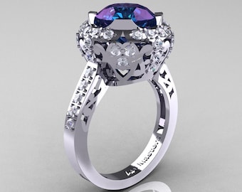 Modern Edwardian 14K White Gold 3.0 Carat Alexandrite Diamond Engagement Ring, Wedding Ring Y404-14KWGDAL