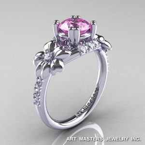 Anel de noivado com folha de diamante e videira de safira rosa claro de 1,0 quilates em ouro branco 14K inspirado na natureza R245-14KWGDLPS