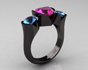 Nature Classic 14K Black Gold 2.0 Ct Heart Pink Sapphire Blue Topaz Three Stone Floral Engagement Ring Wedding Ring R434-14KBGBTPS