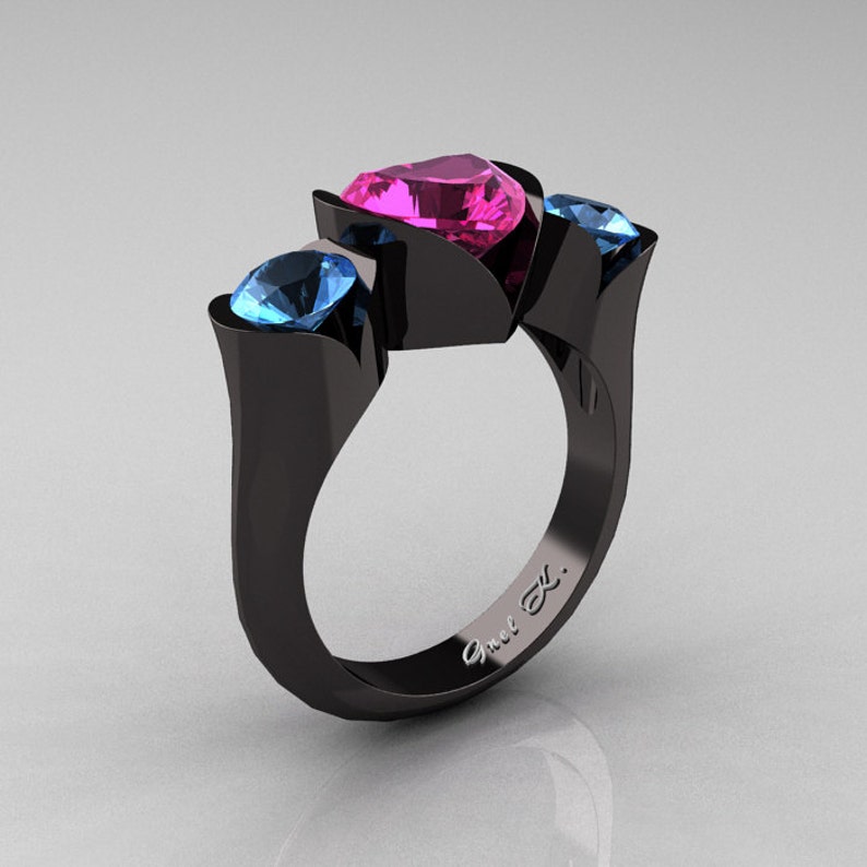Nature Classic 14K Black Gold 2.0 Ct Heart Pink Sapphire Blue Topaz Three Stone Floral Engagement Ring Wedding Ring R434-14KBGBTPS image 1