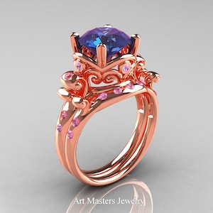 Anillo de boda moderno vintage de oro rosa de 14 quilates con zafiro rosa claro de Alejandrita de 3,0 quilates, conjunto nupcial R167S-14KRGLPSAL