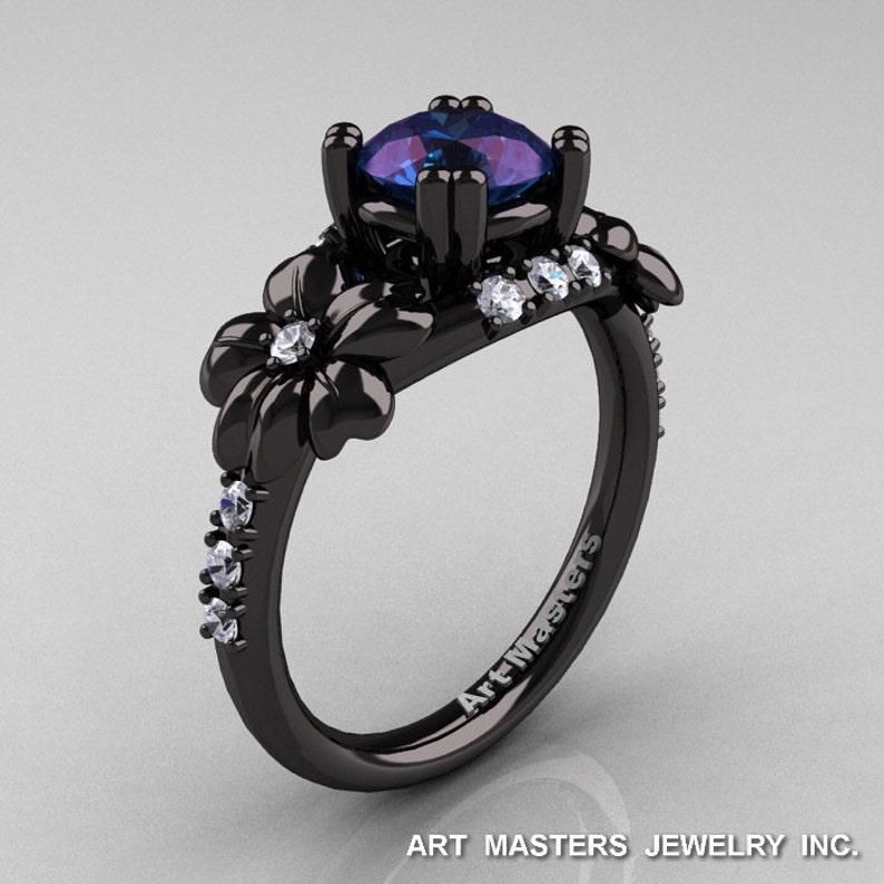 Nature Inspired 14K Black Gold 1.0 Ct Alexandrite Diamond Leaf and Vine Engagement Ring R245-14KBGDAL image 1