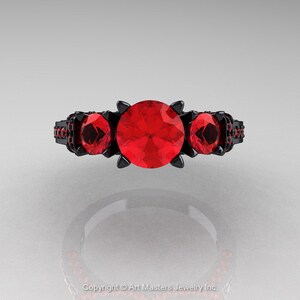 French 14K Black Gold Three Stone Rubies Wedding Ring, Engagement Ring R182-14KBGR image 3