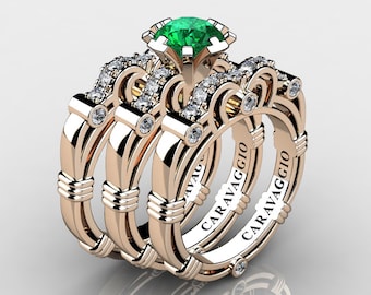 Art Masters Caravaggio Trio 14K Rose Gold 1.0 Ct Emerald White Diamond Engagement Ring Wedding Band Set R623S3-14KRGDEM