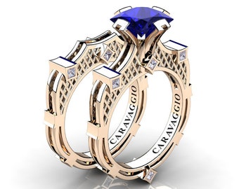 Art Masters Caravaggio 14K Rose Gold 2.0 Ct Princess Blue Sapphire Diamond Engagement Ring Wedding Band Bridal Set R782PS-14KRGDBS