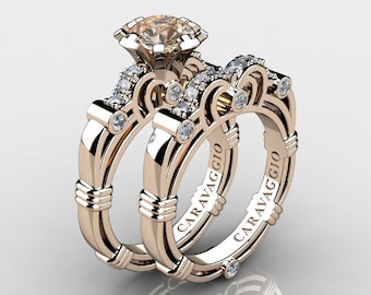 Art Masters Caravaggio 14K Rose Gold 1.0 Ct Champagne and White Diamond Engagement Ring Wedding Band Set R623S-14KRGDCHD