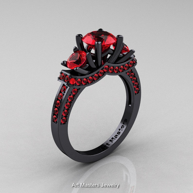 French 14K Black Gold Three Stone Rubies Wedding Ring, Engagement Ring R182-14KBGR image 1