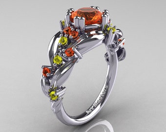 Nature Classic 14K White Gold 1.0 Ct Orange and Yellow Sapphire Leaf and Vine Engagement Ring R340-14KWGYOS