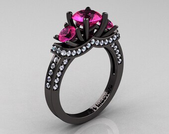 French 14K Black Gold Three Stone Pink Sapphire Diamond Engagement Ring R182-14KBGDPS