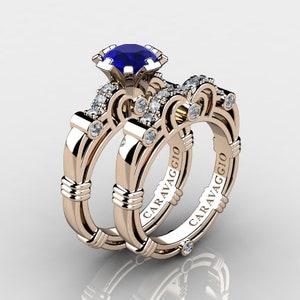 Art Masters Caravaggio 14K Rose Gold 1.0 Ct Blue Sapphire Diamond Engagement Ring Wedding Band Set R623S-14KRGDBS