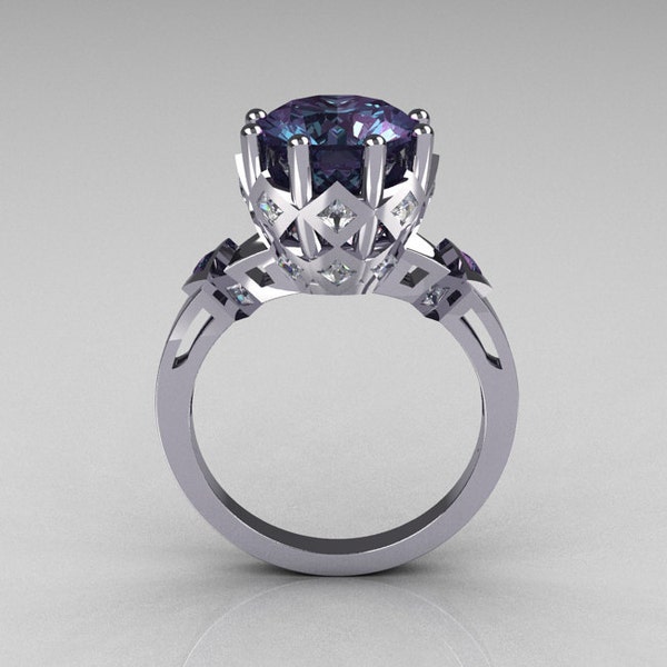 Modern Vintage 14K White Gold 3.0 Carat Alexandrite Princess Diamond Solitaire Wedding Ring R303-14WGDAL