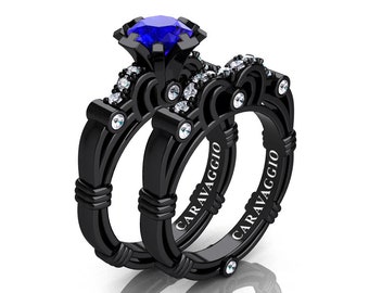 Art Masters Caravaggio 14K Black Gold 1.0 Ct Blue Sapphire Diamond Engagement Ring Wedding Band Set R623S-14KBGDBS