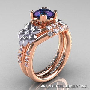 Nature Inspired 14K Rose Two-Tone White Gold 1.0 Ct Alexandrite Diamond Leaf and Vine Engagement Ring Wedding Band Set R245S-14KTTRWGDAL image 1