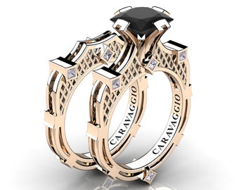 Art Masters Caravaggio 14K Rose Gold 2.0 Ct Princess Black and White Diamond Engagement Ring Wedding Band Bridal Set R782PS-14KRGDBD