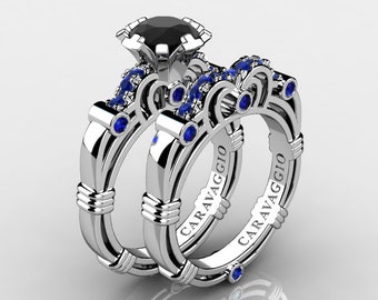 Art Masters Caravaggio 14K White Gold 1.0 Ct Black Blue Sapphire Engagement Ring Wedding Band Set R623S-14KWGBSBLS