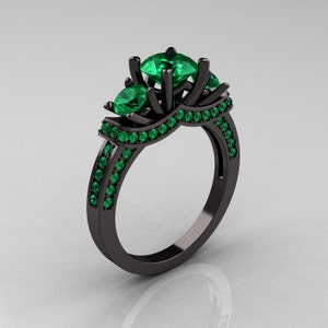 French 14K Black Gold Three Stone Emerald Wedding Ring, Engagement Ring R182-14KBGEM