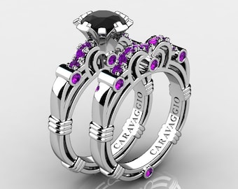 Art Masters Caravaggio 14K White Gold 1.0 Ct Black Sapphire Amethyst Engagement Ring Wedding Band Set R623S-14KWGAMBLS