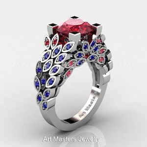 Anel de noivado Art Masters Nature Inspired em ouro branco 14K com 3,0 ct de rubis e safira azul R299-14KWGBSR