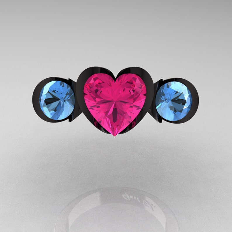 Nature Classic 14K Black Gold 2.0 Ct Heart Pink Sapphire Blue Topaz Three Stone Floral Engagement Ring Wedding Ring R434-14KBGBTPS image 3
