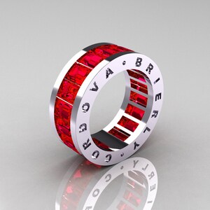 Mens Modern 14K White Gold Fire Rubies Channel Cluster Infinity Wedding Band R174-14KWGFR