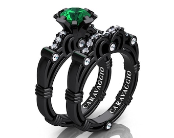 Art Masters Caravaggio 14K Black Gold 1.0 Ct Emerald Diamond Engagement Ring Wedding Band Set R623S-14KBGDEM