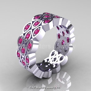 Art Masters Classic 14K White Gold Pink Sapphire Womens Wedding Band R272BF-14KWGPS