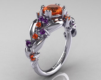 Nature Classic 14K White Gold 1.0 Ct Orange Sapphire Amethyst Leaf and Vine Engagement Ring R340-14KWGAMOS