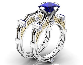 Art Masters Caravaggio 14K White Yellow Gold 2 Ct Princess Blue Sapphire Diamond Engagement Ring Wedding Band Bridal Set R782PS-14KWYGDBS