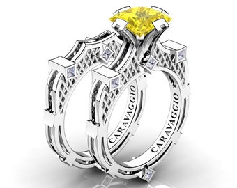 Art Masters Caravaggio 14K White Gold 2.0 Ct Princess Yellow Sapphire Diamond Engagement Ring Wedding Band Bridal Set R782PS-14KWGDYS