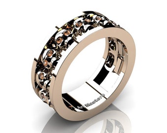 Mens Modern 14K Rose Gold Champagne Diamond Skull Channel Cluster Wedding Ring R913-14KRGCHD
