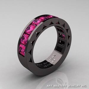 Mens Modern 14K Black Gold Princess Pink Sapphire Channel Cluster Sun Wedding Ring R274-14BGPS