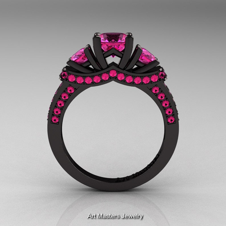 French 14K Black Gold Three Stone Pink Sapphire Wedding Ring, Engagement Ring R182-14KBGPSS image 2