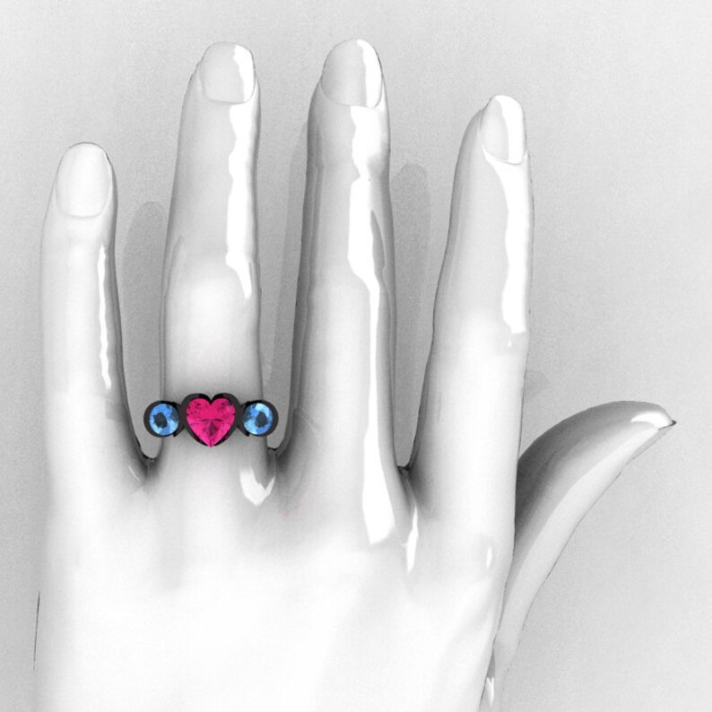 Nature Classic 14K Black Gold 2.0 Ct Heart Pink Sapphire Blue Topaz Three Stone Floral Engagement Ring Wedding Ring R434-14KBGBTPS image 4