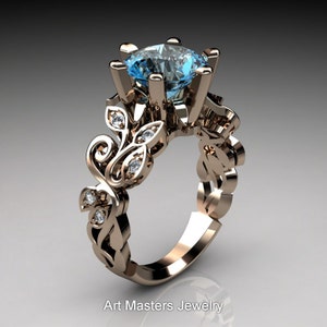 Nature Inspired 14K Rose Gold 3.0 Ct Blue Topaz Diamond Leaf and Vine Crown Solitaire Ring RD101-14KRGDBT