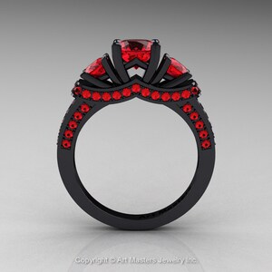 French 14K Black Gold Three Stone Rubies Wedding Ring, Engagement Ring R182-14KBGR image 2