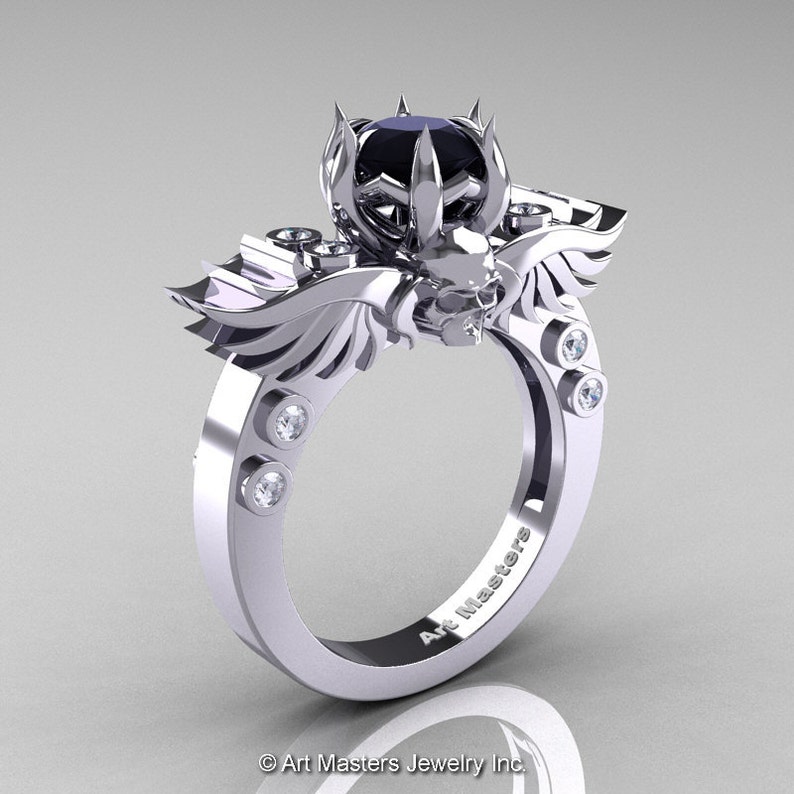 Art Masters Classic Winged Skull 14K White Gold 1.0 Ct Black White Diamond Solitaire Engagement Ring R613-14KWGDBD image 1