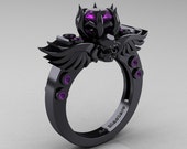 Art Masters Classic Winged Skull 14K Black Gold 1.0 Ct Amethyst Solitaire Engagement Ring R613-14KBGAM